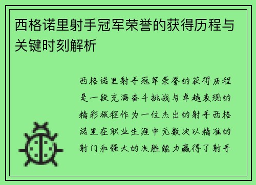 西格诺里射手冠军荣誉的获得历程与关键时刻解析