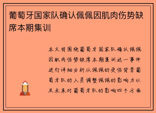 葡萄牙国家队确认佩佩因肌肉伤势缺席本期集训